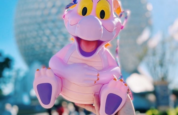 Figment popcorn bucket in front of Epcot’s Spaceship Earth