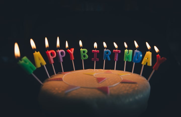 happy birthday candles in birthday cake with dark background