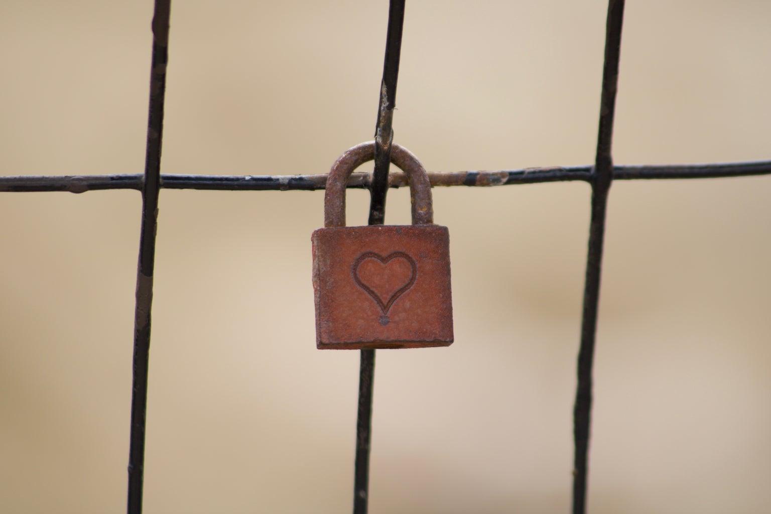 brown padlock with a heart carved on its surface on a fence