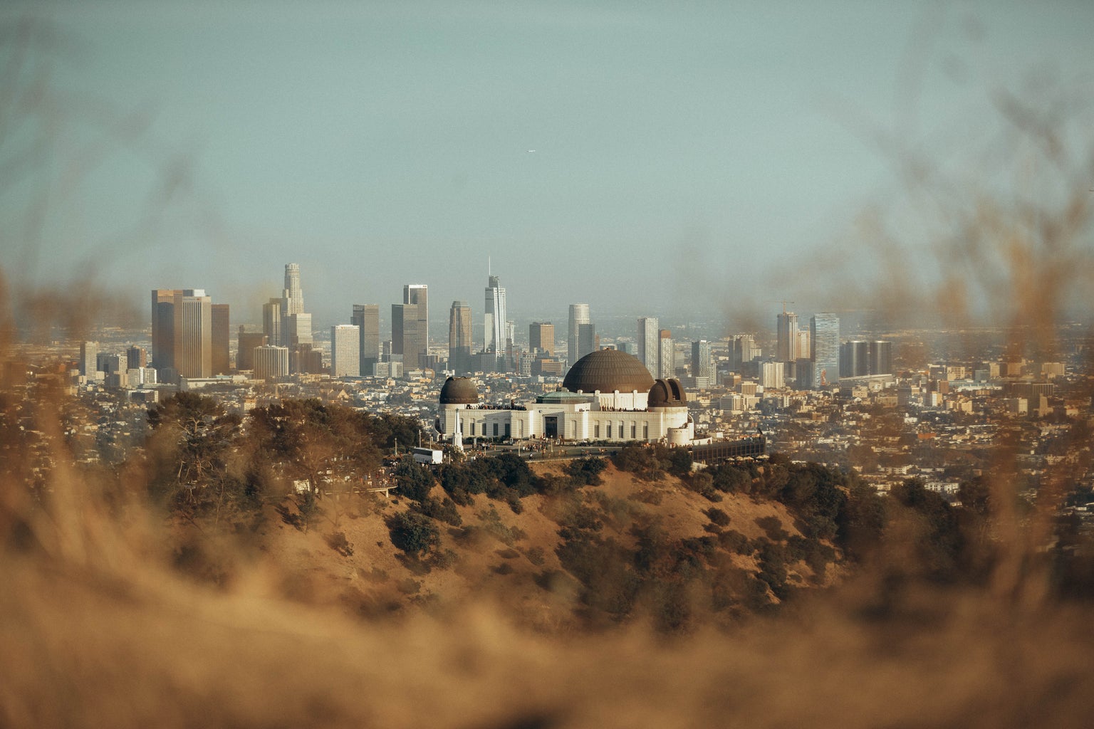 White and brown filtered picture of the Los Angeles skyline.
