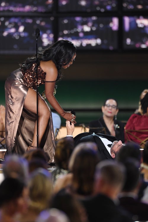 Quinta Brunson and Jimmy Kimmel at 2022 Emmys