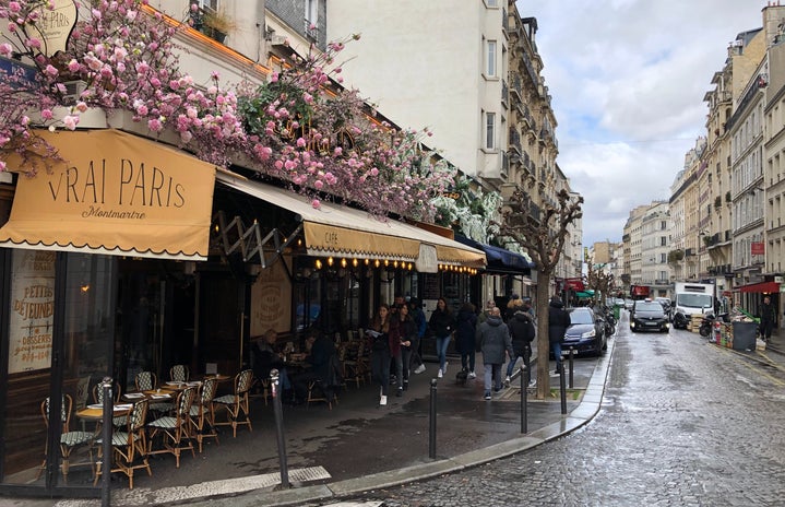 Paris streetview Montmartre cafe with pink flowers