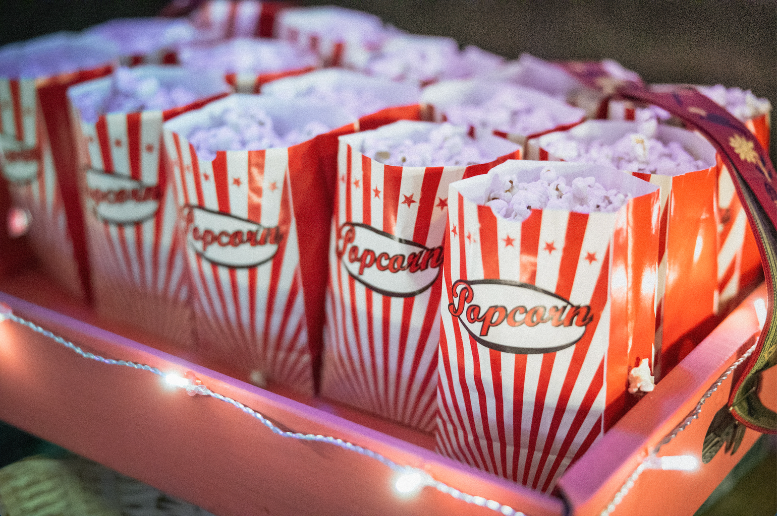 bags filled with popcorn in a line