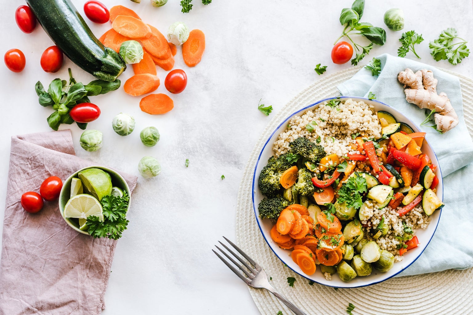 Vegan dinner and vegetables on a table