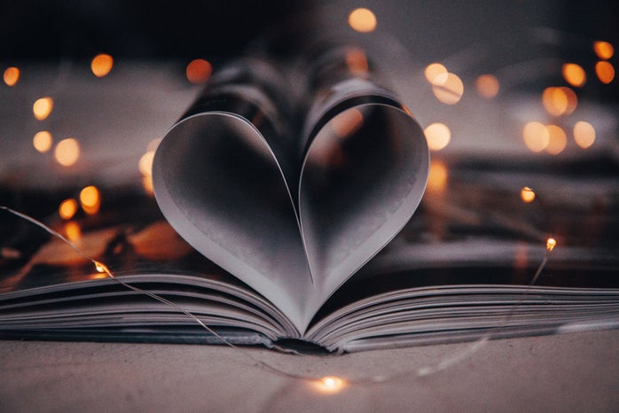 Bokeh heart book pages