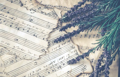 Vintage sheet music with lavender