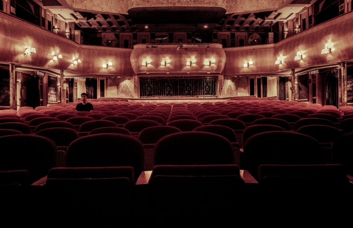 theatre interior, seats, man sitting at back