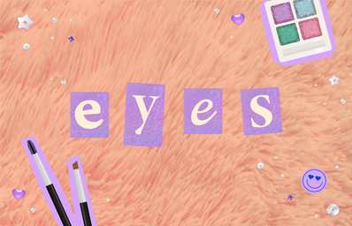 Eyes featured text, eye makeup palette and brushes