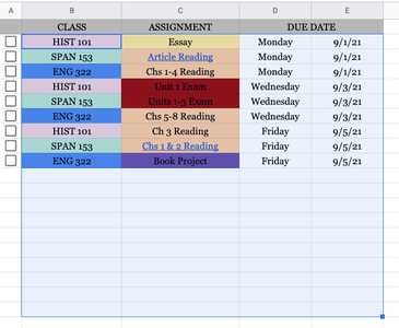 Portion of the spreadsheet making process for class assignments.