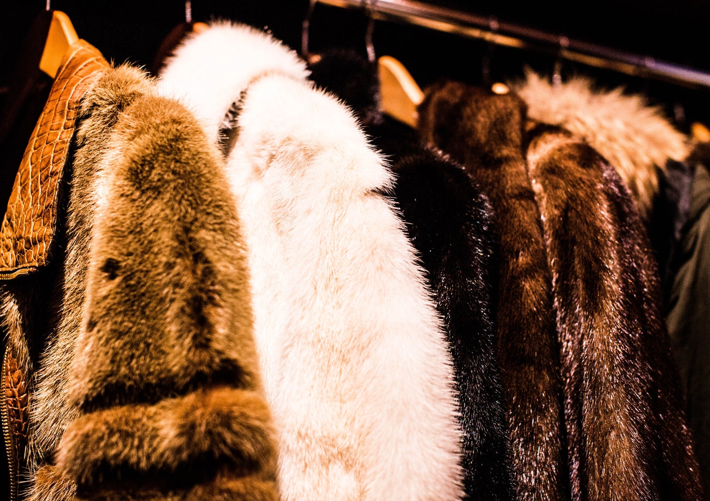 Fur coats hanging up on a clothes rack.