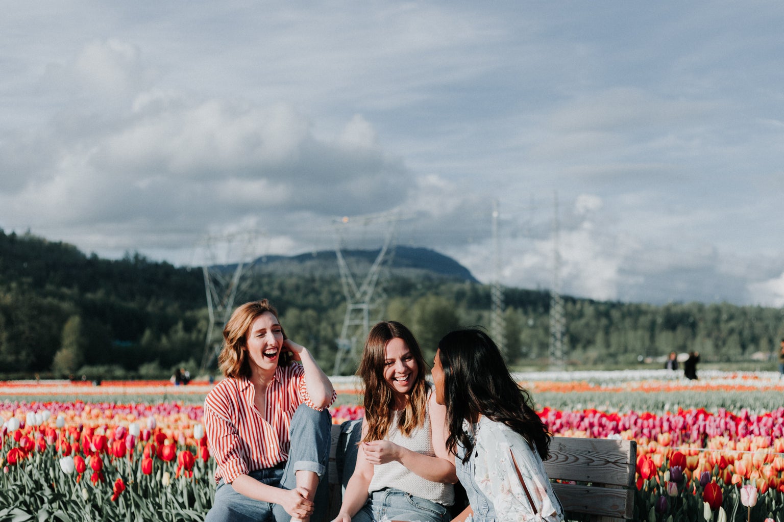 Women laughing in a tulip field