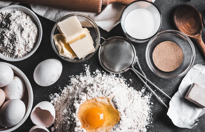 Baking ingredients spread out on table