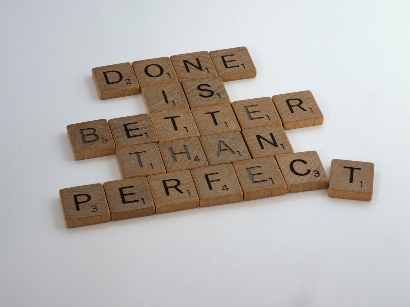 \'Done is better than perfect\' written in Scrabble letters.
