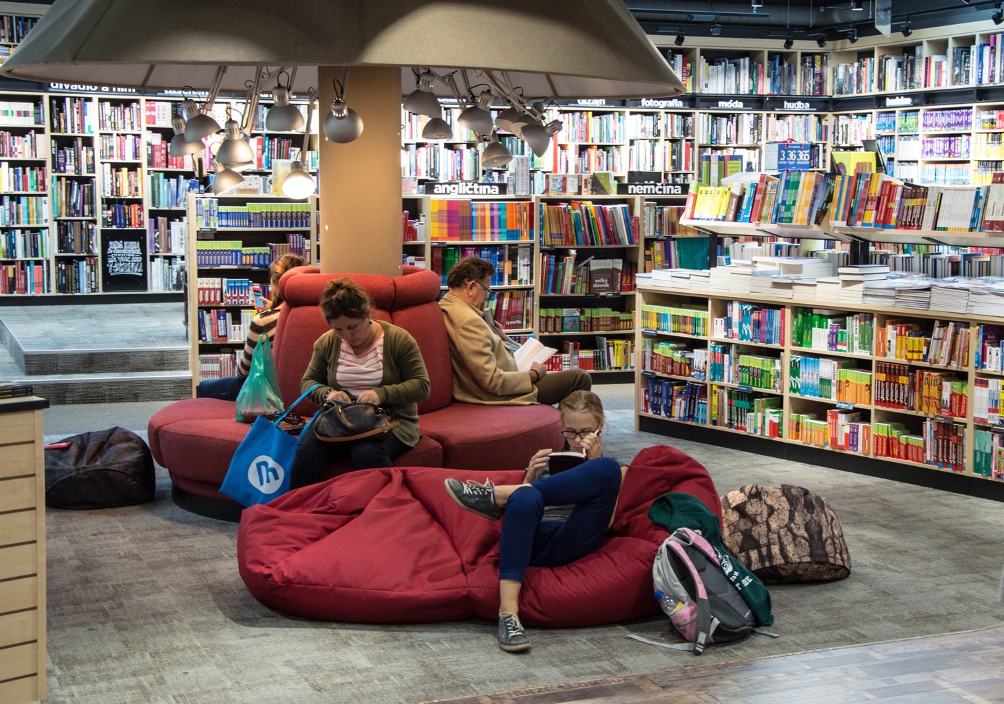 People sitting in a library, reading