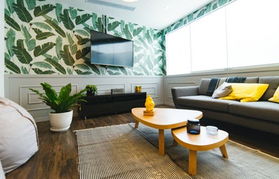living room with gray couch and plant wallpaper