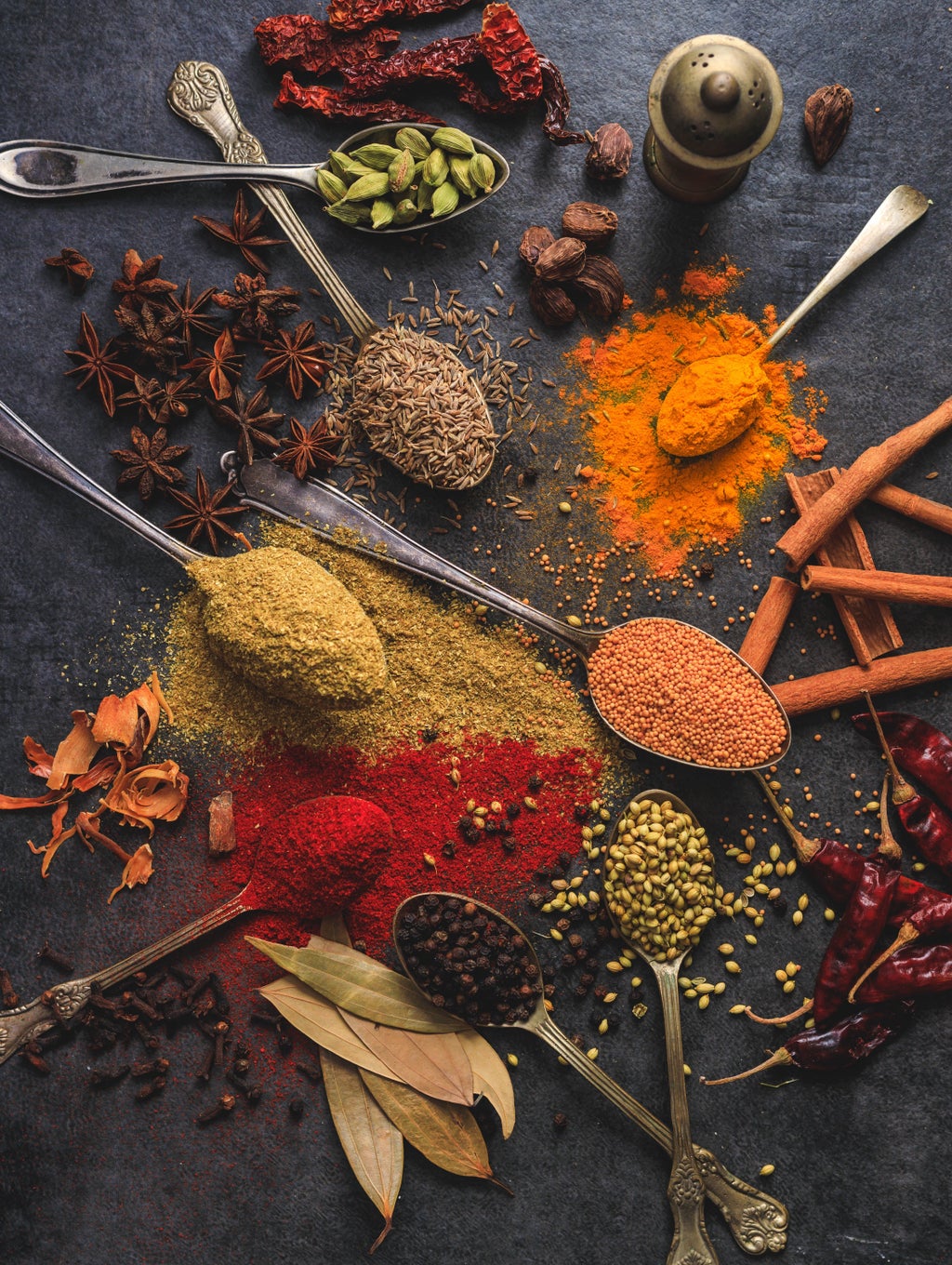 Spices are spilled out on a table