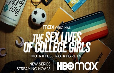 HBO Max\'s The Sex Lives of College Girls cover photo with main cast and streaming info