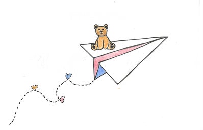 teddy bear on a paper airplane