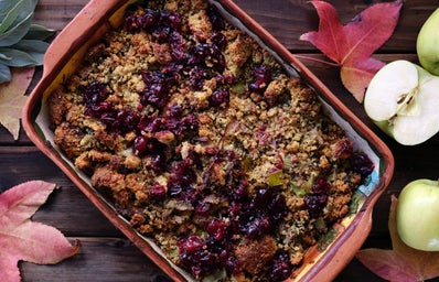 tray of thanksgiving stuffing on table