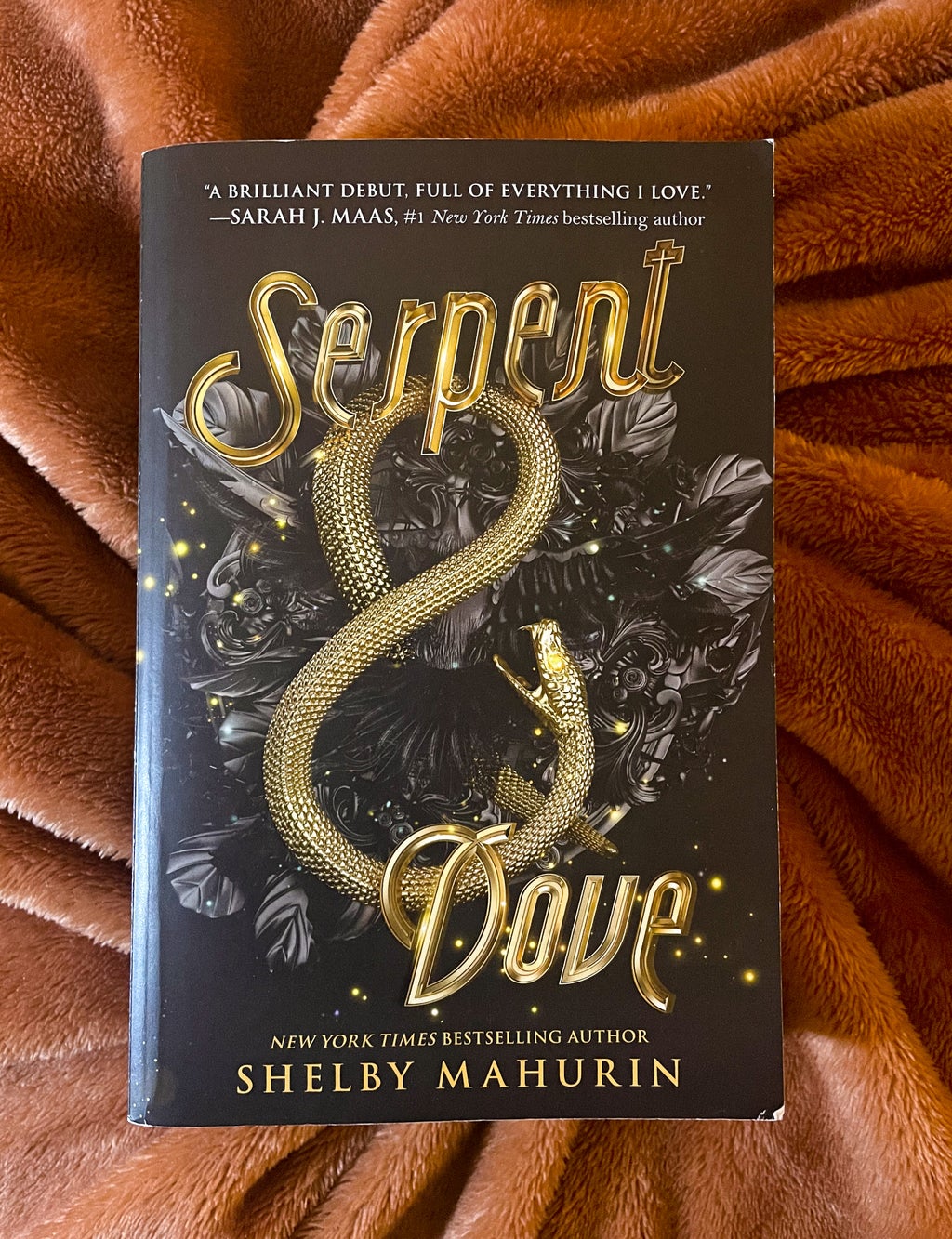 Serpent & Dove by Shelby Mahurin on orange blanket