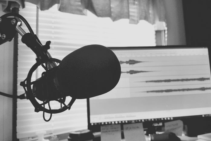 greyscale photography of condenser microphone