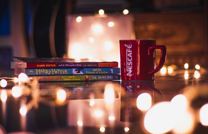 Books, harry potter, nescafe cup, lights