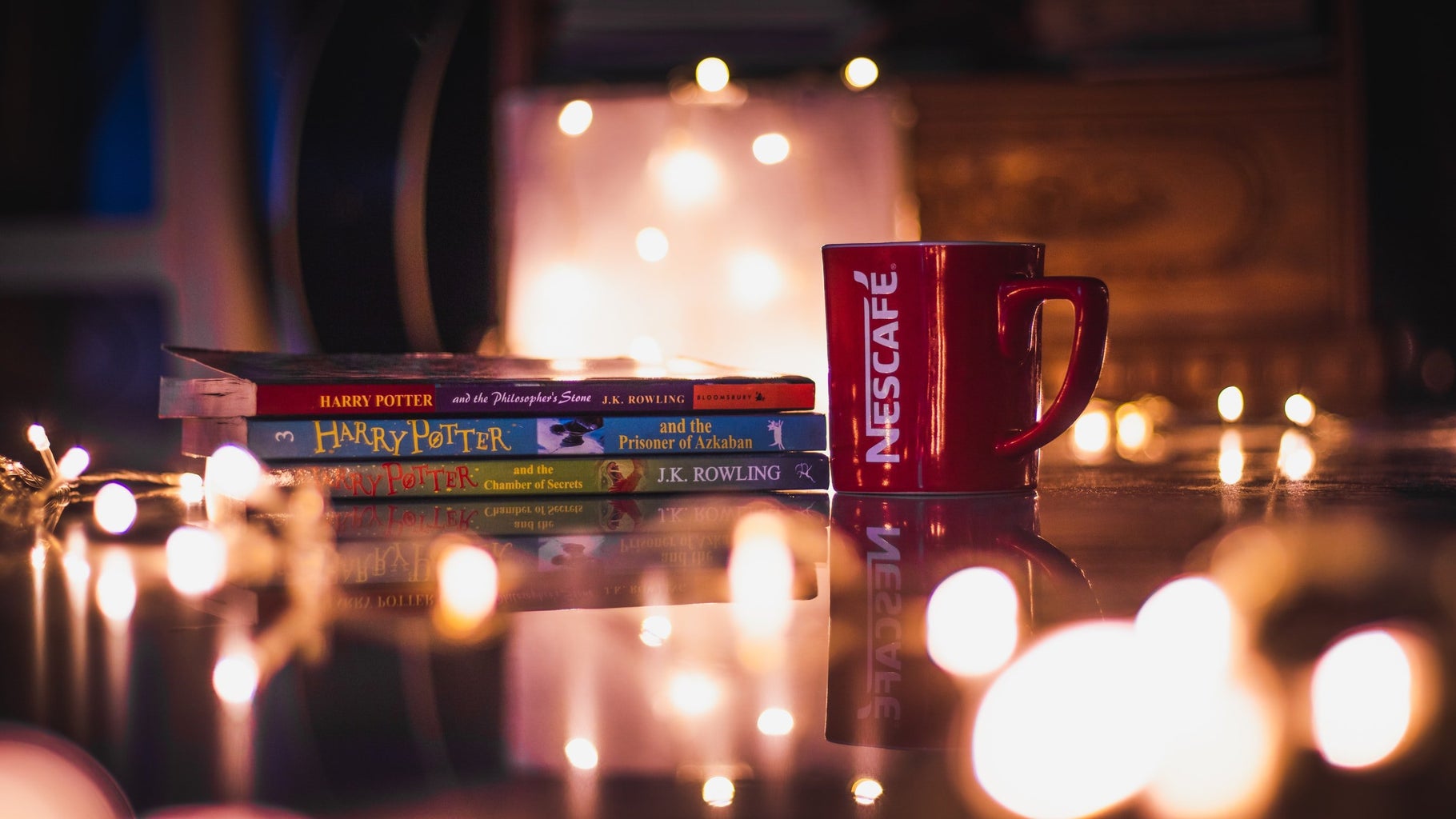 Books, harry potter, nescafe cup, lights