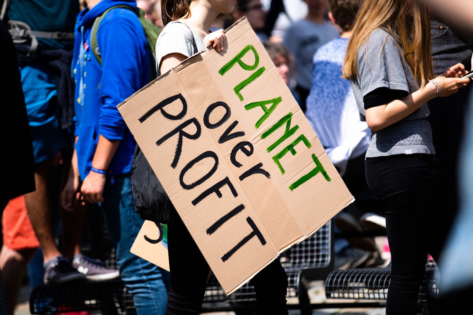 sign with \"planet over profit\" written on it at a climate protest