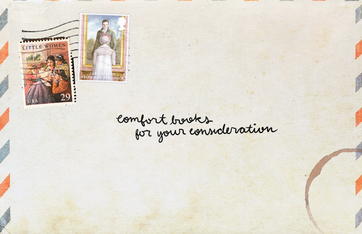 The back of an envelope with stamps of Pride and Prejudice and Little Women