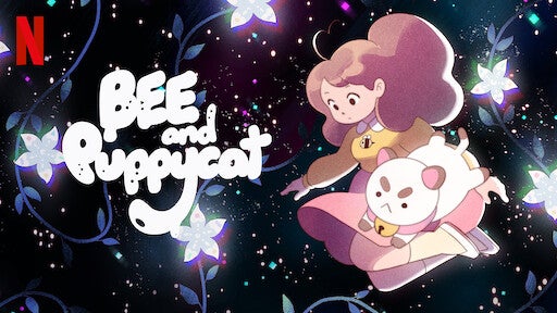 Title poster for Netflix show Bee and PuppyCat with both main characters Bee and PuppyCat exhibited.