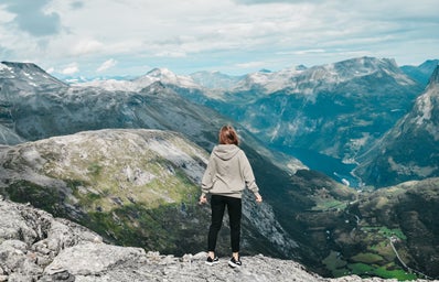 woman looking at mountains