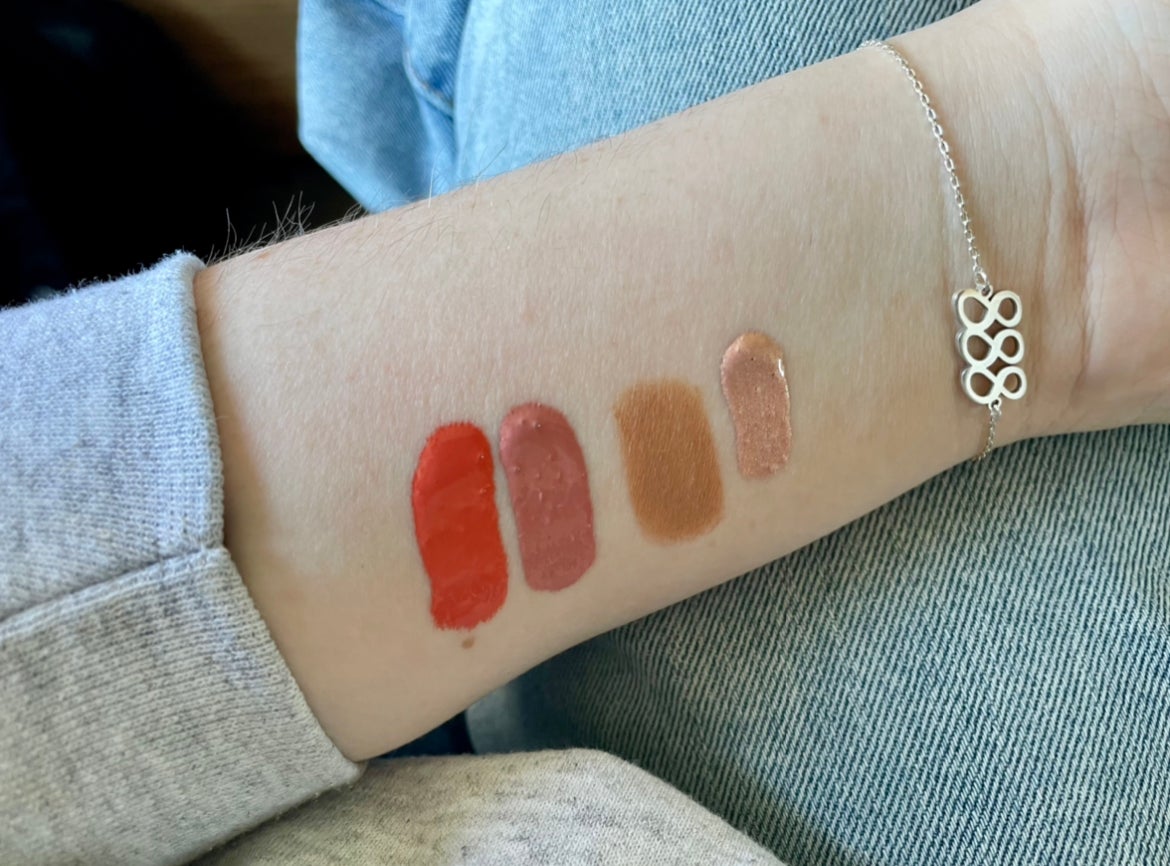 Rare Beauty makeup swatches on arm