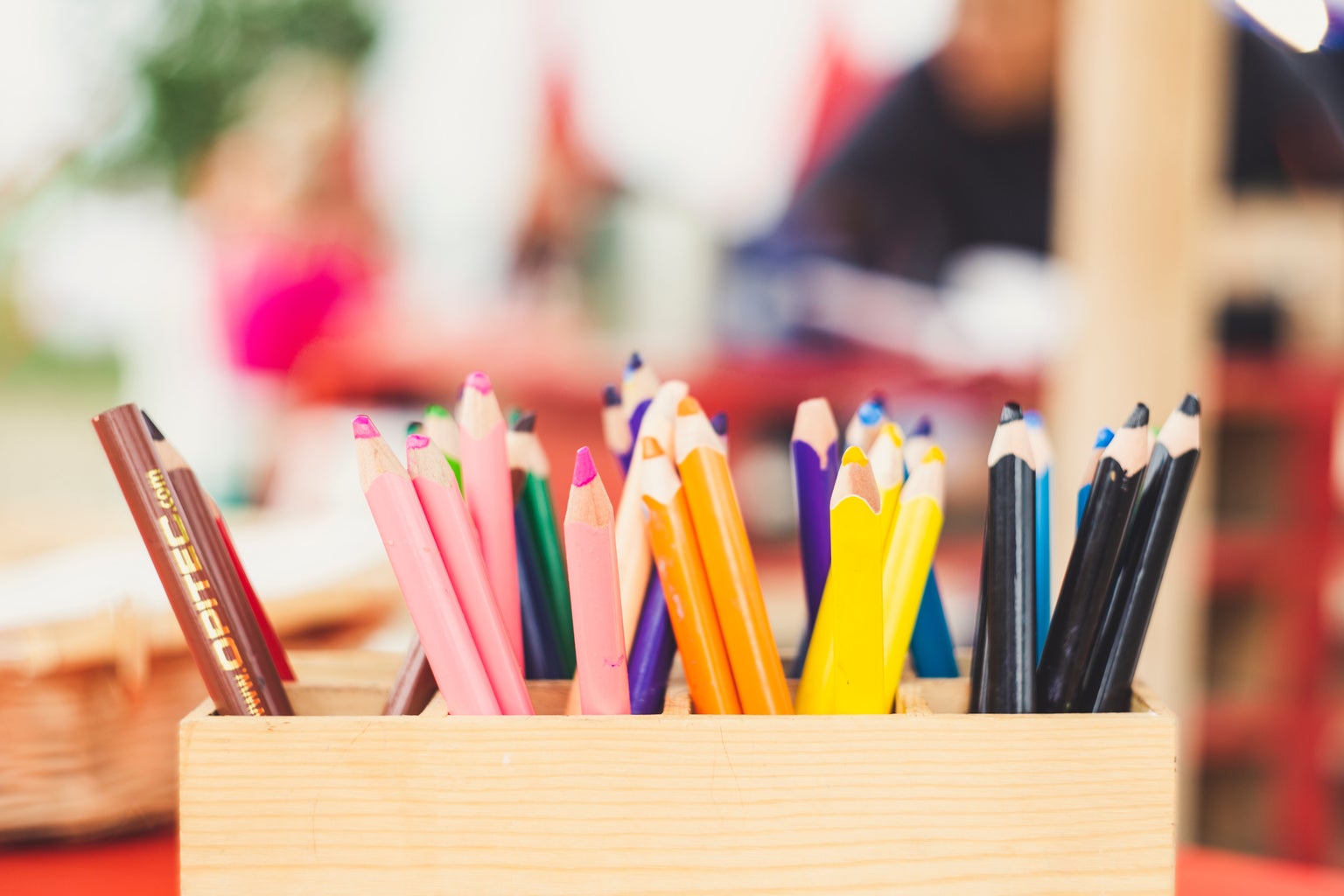 Colored pencils in a classroom