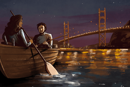 digital painting of canoeing in front of the Golden Gate Bridge
