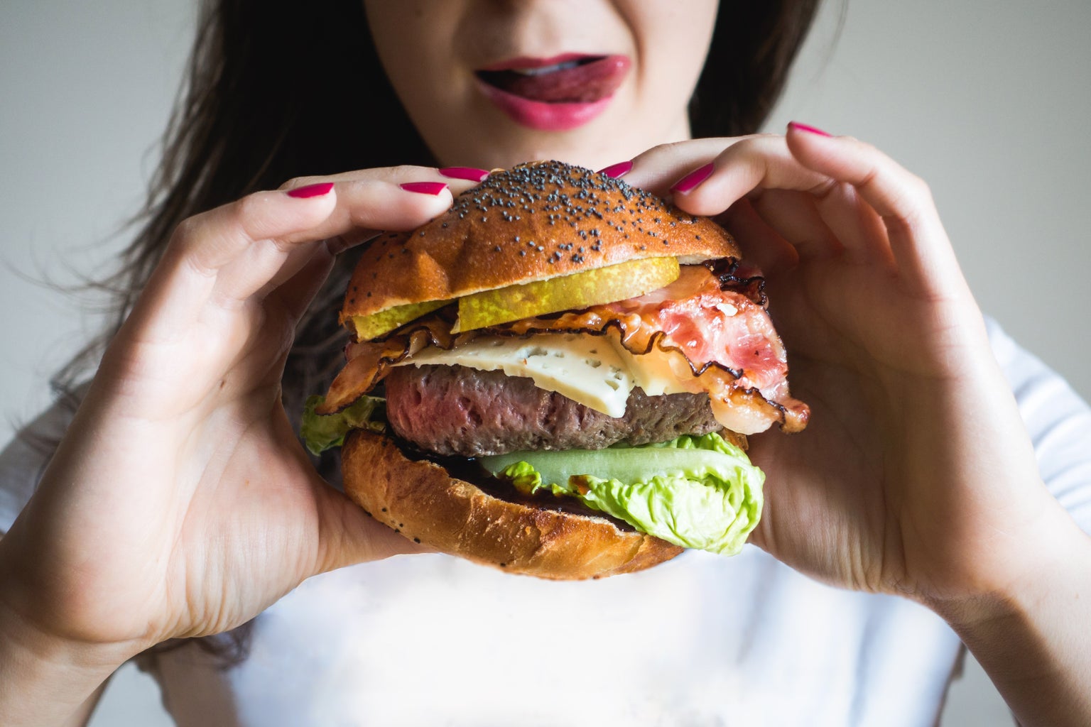 Woman Red Lips Eating Hamburger