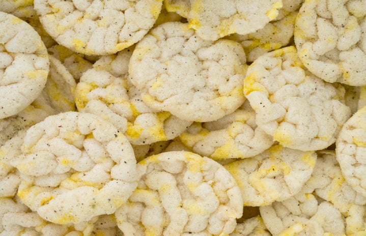 Close-up of a pile of puffed rice cakes.