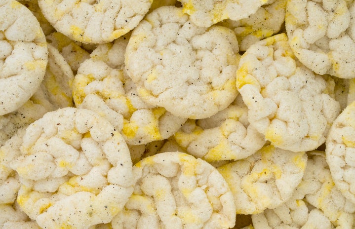 Close-up of a pile of puffed rice cakes.