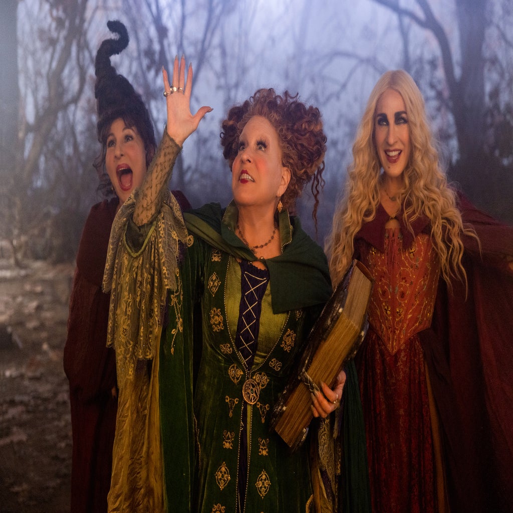 Kathy Najimy as Mary Sanderson, Bette Midler as Winifred Sanderson, and Sarah Jessica Parker as Sarah Sanderson in Disney\'s live-action HOCUS POCUS 2