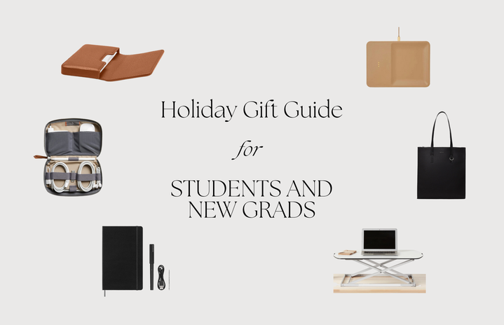 Gift Guide Including a photo of the Leatherology Business Card Case, the Bellroy Tech Kit, Moleskine Smart Writing Set, the Courant Catch 3: Essentials, the Matt & Nat Canci Tote Bag and the Cora Standing Desk Converter.