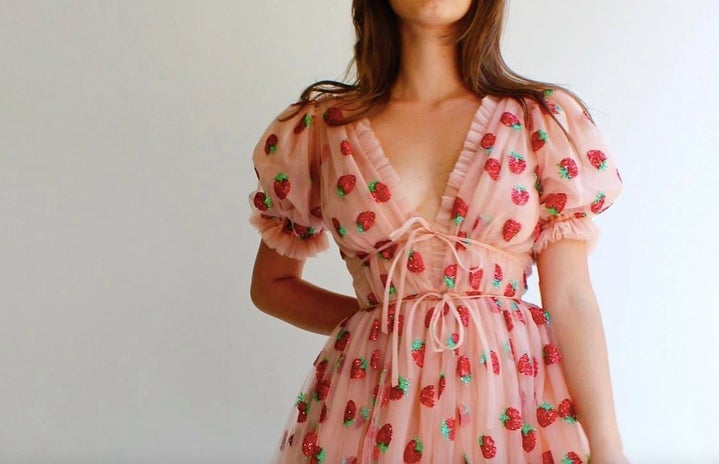 Lirika Matoshi strawberry midi dress on model