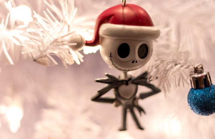 Jack Skeleton from \"Nightmare Before Christmas\" ornament hanging on a Christmas tree