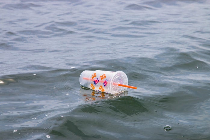 plastic cup floating in water