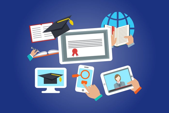 online learning collage with clipart images of different kinds of technology and books