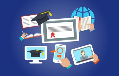 online learning collage with clipart images of different kinds of technology and books