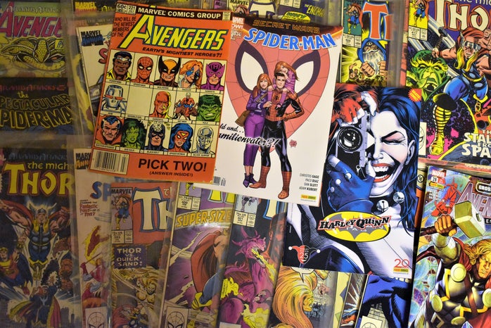 Flatlay of marvel comic books from the past