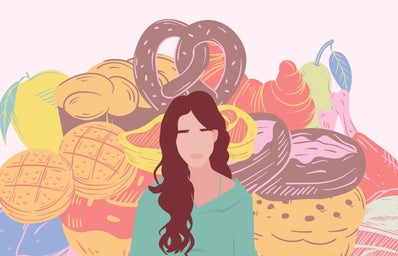 girl surrounded by food