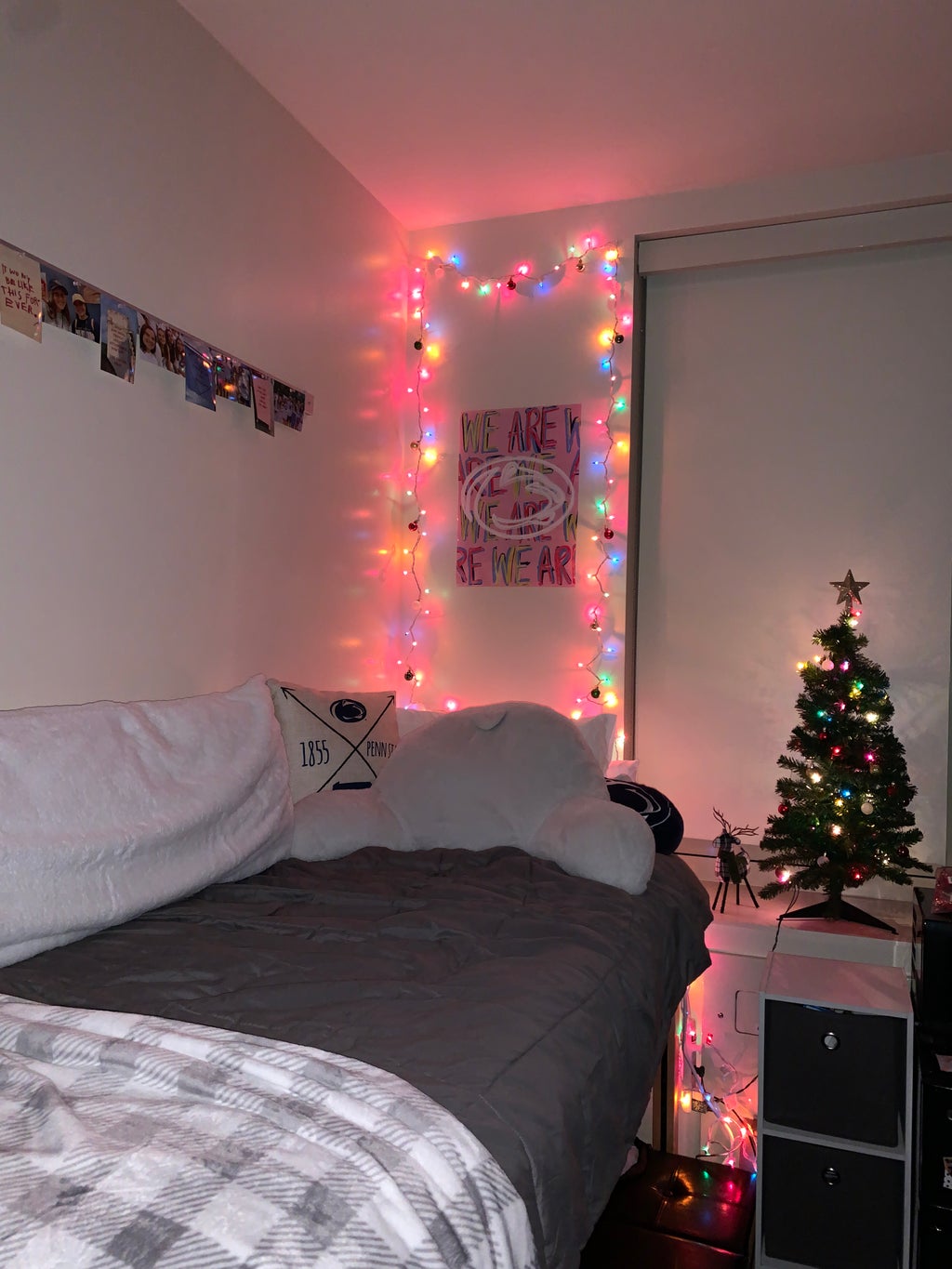 Picture of my dorm bed decorated for Christmas