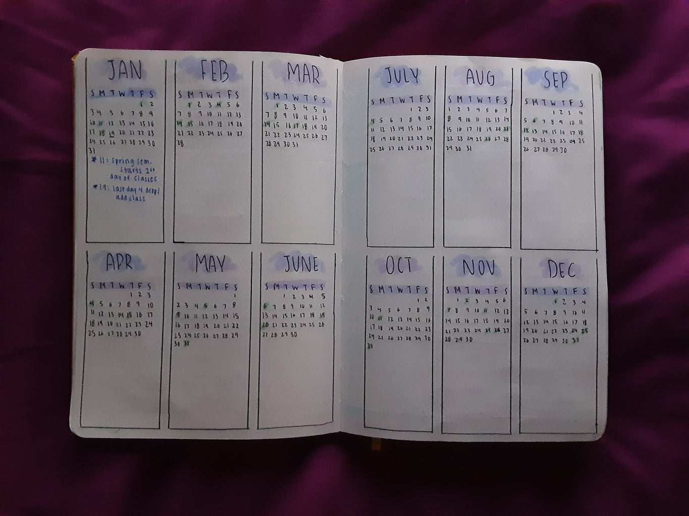 Bullet journal spread of yearly calendar for 2021.