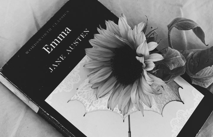 Picture of Jane Austen’s book, ‘Emma’, with a sunflower