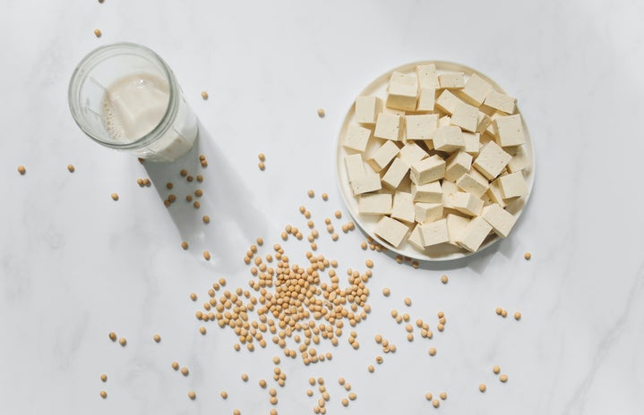 Tofu, chickpeas, and soy milk on a table